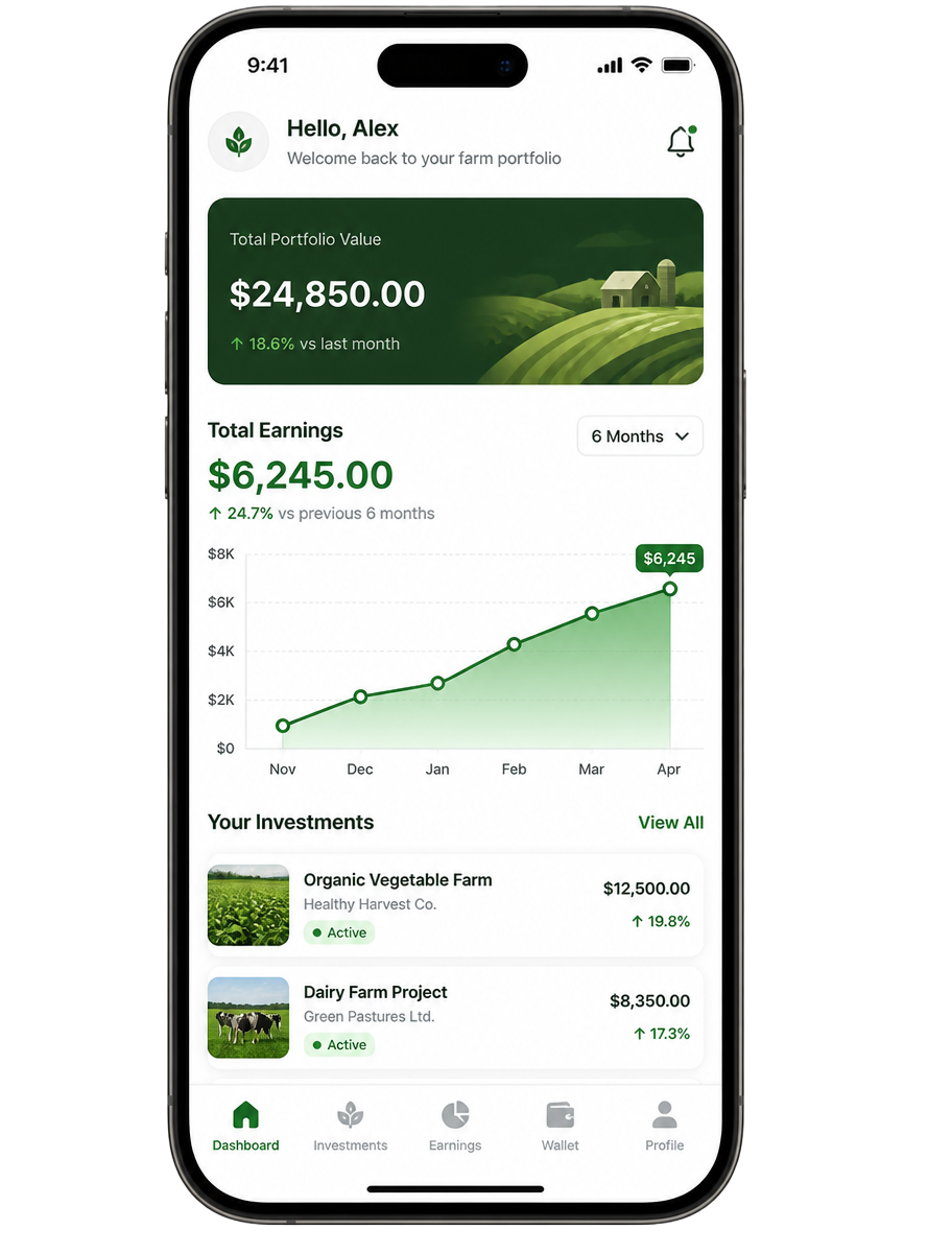 Painel do app Tesouros da Terra mostrando rendimentos das lavouras apoiadas