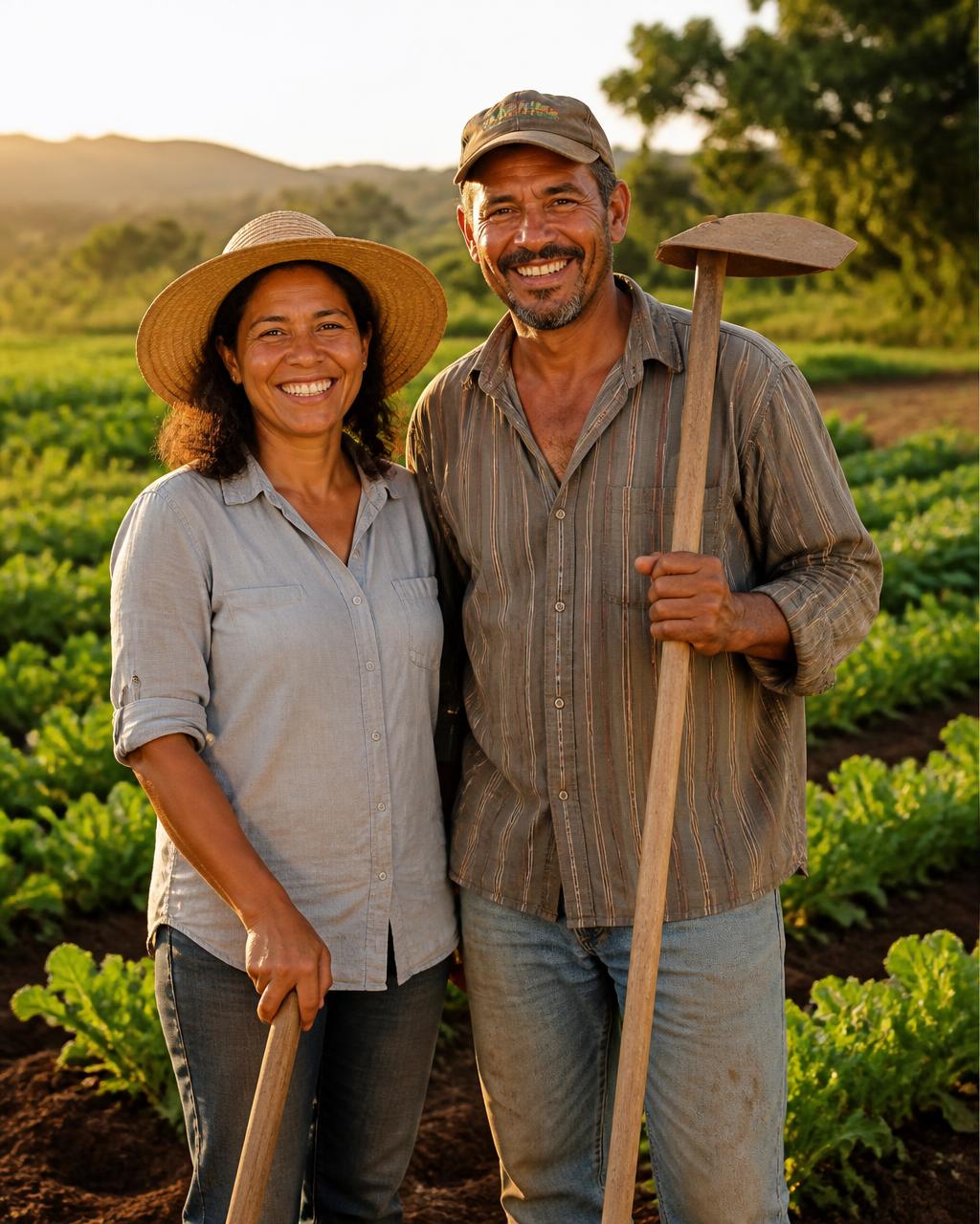 Agricultores familiares sorrindo em sua horta ao amanhecer